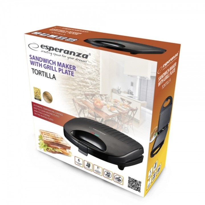 Sandwich maker Tortilla 1000 W, placi neaderente, termostat, indicator LED, negru