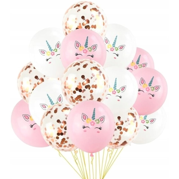 Set 15 baloane, De petrecere, Cu confetti, Unicorn, Multicolor