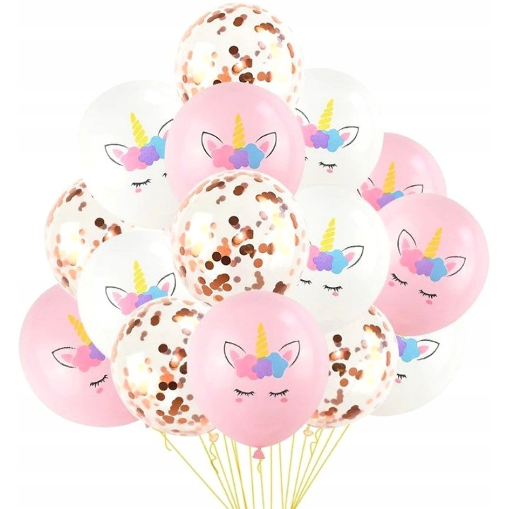 Комплект от 15 балона, Парти, С конфети, Еднорог, Многоцветен