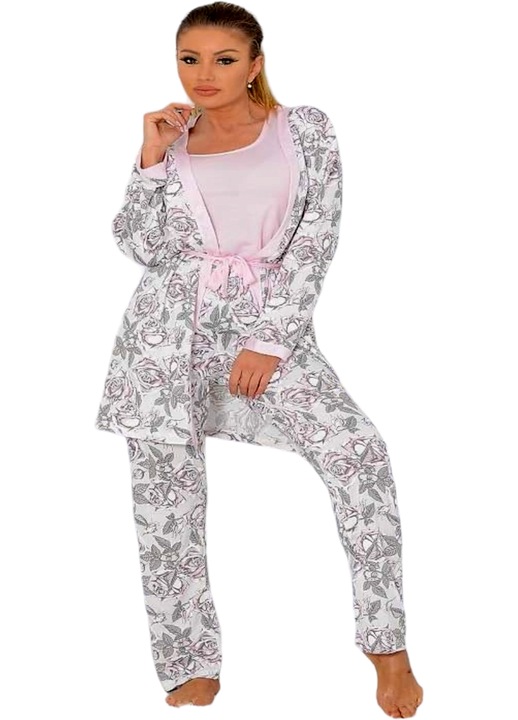 Set 4 piese, pijamale dama, StarFashion, cu halat, tricou, pantalon lung si masca pentru somn, Roz