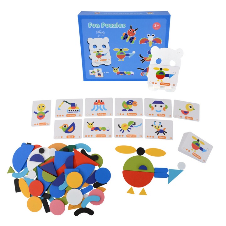 Jucarie Tangram din lemn cu modele, cu suport