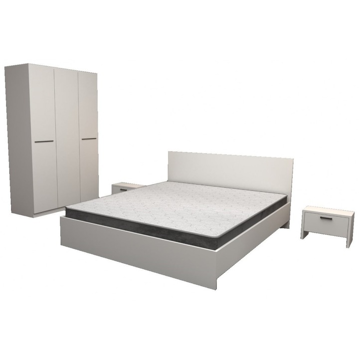 Set Dormitor Roxana Alb, cu Pat Matrimonial 160x200 cm, Dulap, 2 Noptiere si Mobilier Living Modern Wenge / Alb inclus