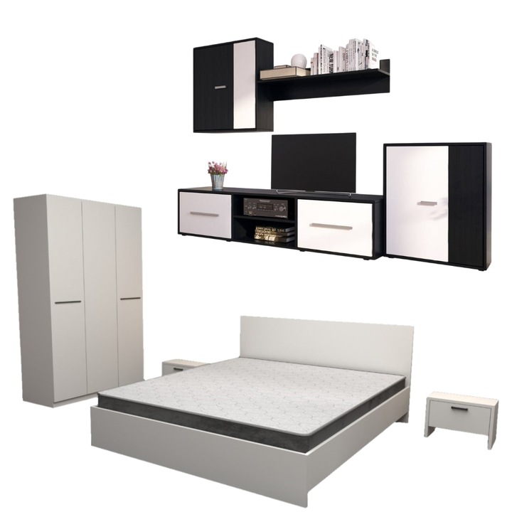 Set Dormitor Roxana Alb, cu Pat Matrimonial 160x200 cm, Dulap, 2 Noptiere si Mobilier Living Modern Wenge / Alb inclus