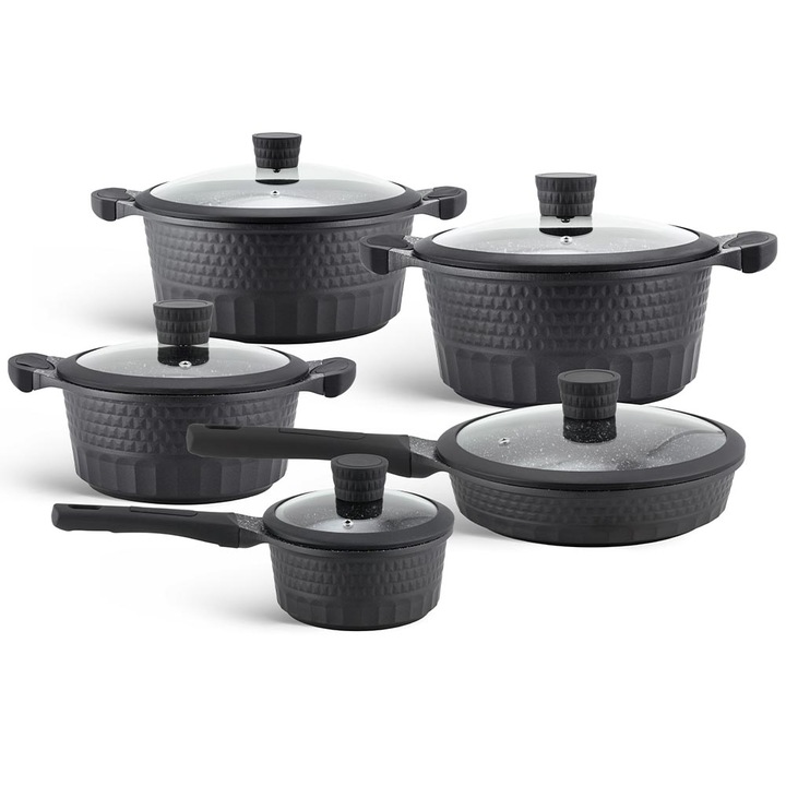 Set de 10 bucati oale antiaderente in negru cu model in relief EB 9186