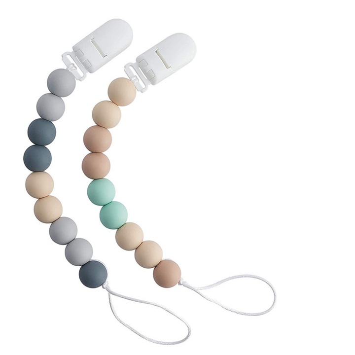 Set 2 bucati lantisor pentru suzeta cu bilute silicon, cu clema de prindere, material ecologic, gri si nude, pentru copii +0 luni