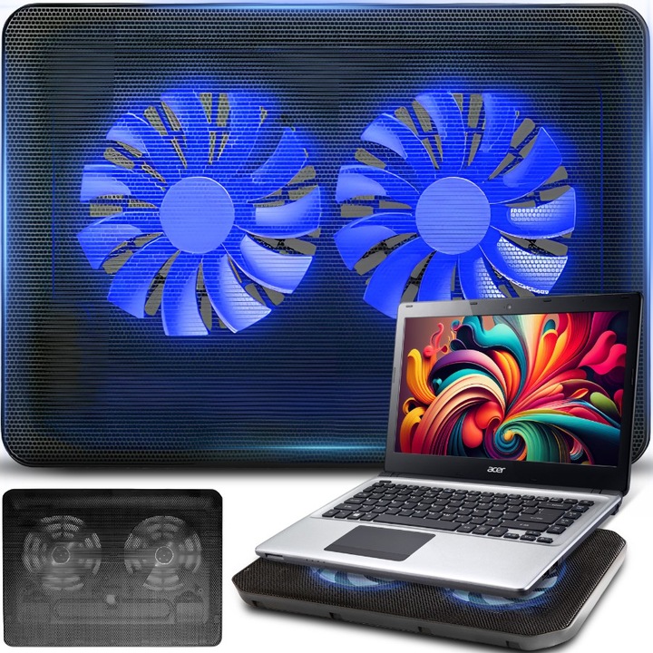 Cooler Laptop Retoo Connect, 12-15,4'', Cu 2 Ventilatoare, Iluminare LED, 4 Picioare Antiderapante, Reglarea Unghiului de Inclinare, Design Ergonomic, Reduce Zgomotul Si Imbunatateste Performanta