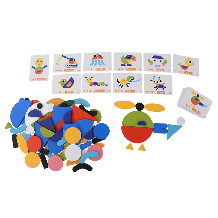 Fa tangram játék állvánnyal, mintákkal