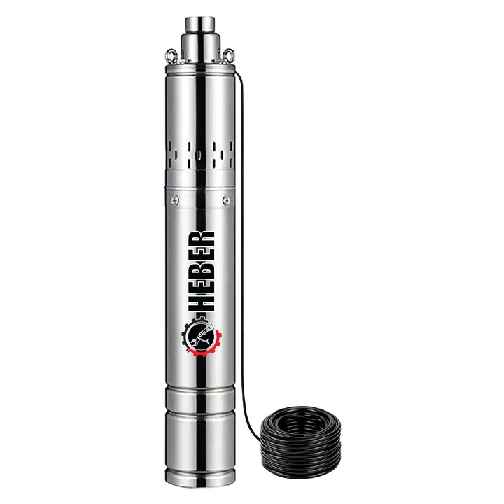 Pompa submersibila de apa, HEBER®, inox, 2850 RPM, 1100 W, 3200 l/h inaltime refulare 80 m, adancime absorbtie 30 m, cablu de alimentare 15 metri, 220 V