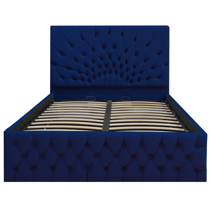 Pat dublu tapitat Carolina, 180/200 cm, bleumarin cu nasturi tapitati, cu somiera metalica rabatabila si spatiu de depozitare