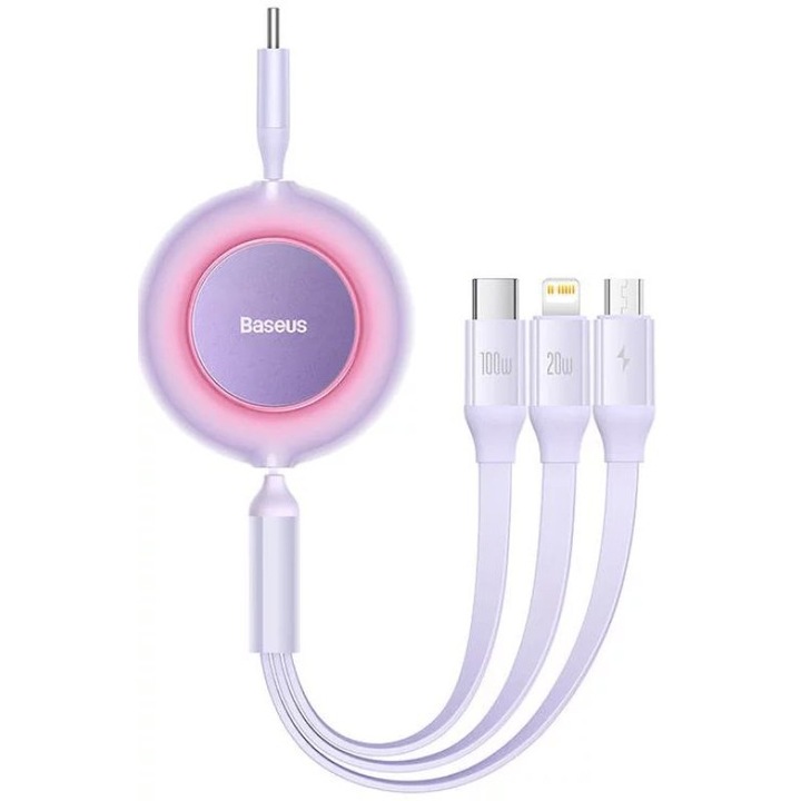 Cablu de incarcare, Baseus, Bright Mirror 4, cablu 3 in 1, Micro USB tip Lightning USB-C, 100 W, 3.5 A, 1,1 m, Violet/Alb
