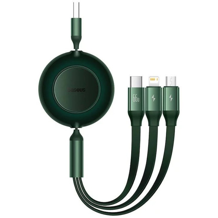 Cablu de date telefon, Baseus, 3 in 1, 66 W, 2 A, 1.1 m, Verde inchis