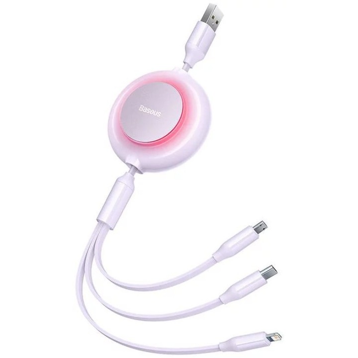 Cablu date si incarcare, Baseus, 3 in 1, Micro USB, Lightning, USB-C, 3.5 A, 1.1 m, Roz