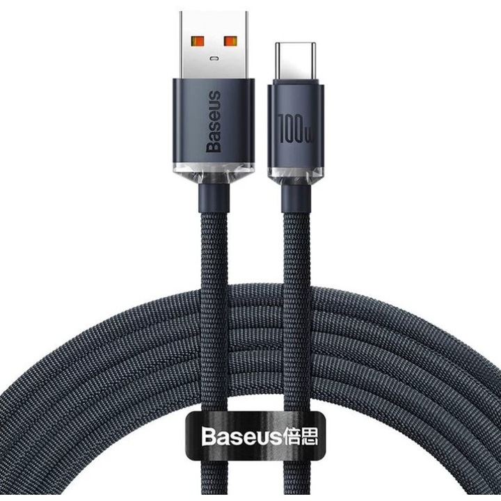 Кабел за зареждане и пренос на данни Baseus Crystal Shine, USB/USB Type-C, 100W, 2m, Черен