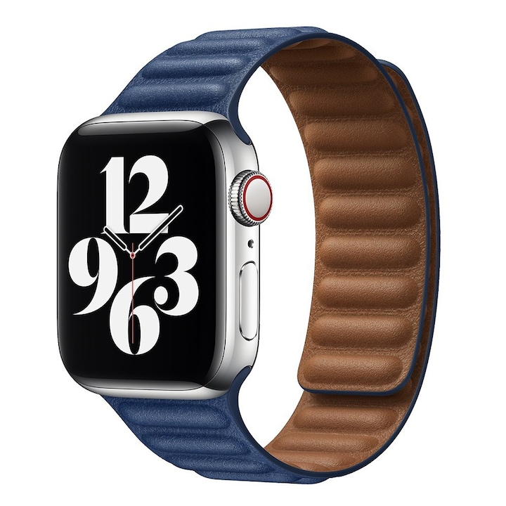 Curea magnetica din piele naturala, Pentru Apple Watch Ultra/SE/8/7/6/5/4/3/2/1, Display 42/44/45/49 mm, Albastru