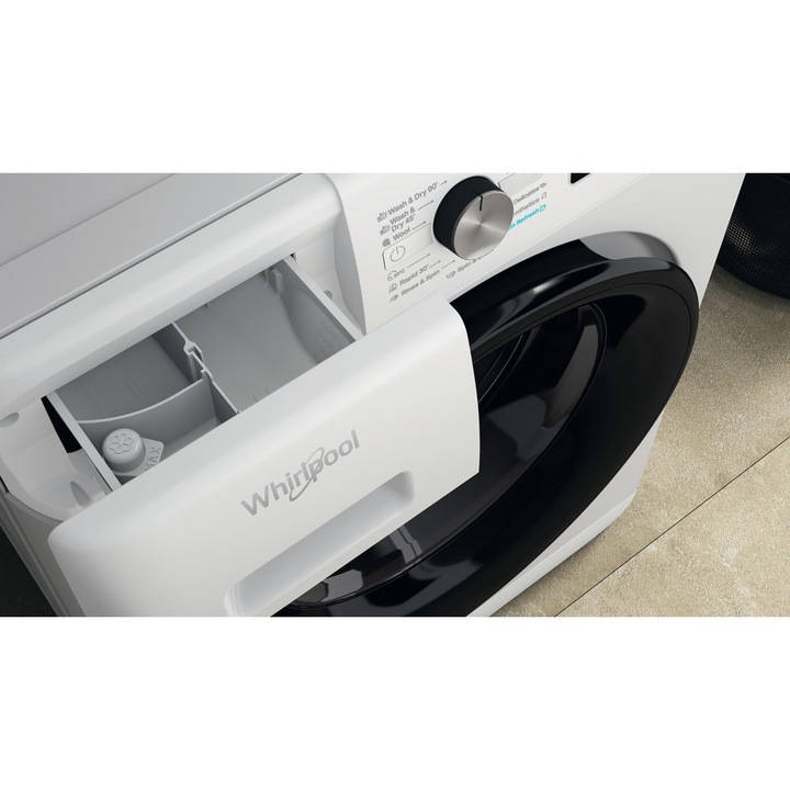 Masina de spalat rufe cu uscator Whirlpool FreshCare+ FFWDB 976258 BV EE, 9 kg Spalare / 7 kg Uscare, 1600 rpm, Clasa E, Tehnologia al 6-lea Simt, Motor Inverter, Display Digital, Alb/Negru