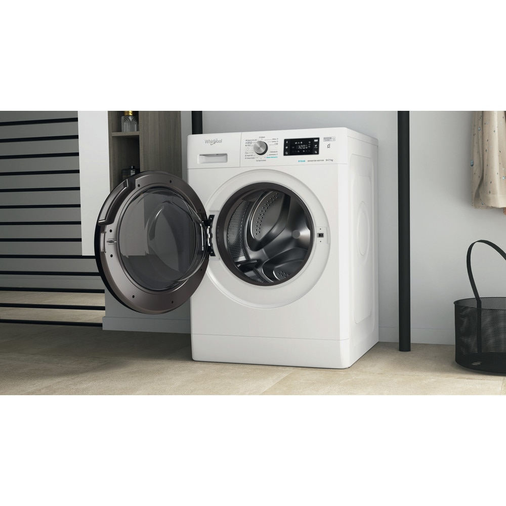Masina de spalat rufe cu uscator Whirlpool FreshCare+ FFWDB 976258 BV EE, 9 kg Spalare / 7 kg Uscare, 1600 rpm, Clasa E, Tehnologia al 6-lea Simt, Motor Inverter, Display Digital, Alb/Negru