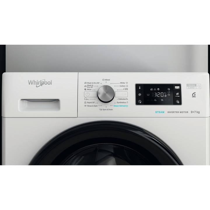 Masina de spalat rufe cu uscator Whirlpool FreshCare+ FFWDB 976258 BV EE, 9 kg Spalare / 7 kg Uscare, 1600 rpm, Clasa E, Tehnologia al 6-lea Simt, Motor Inverter, Display Digital, Alb/Negru