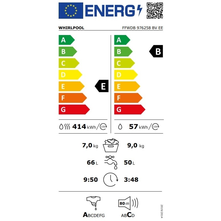 Masina de spalat rufe cu uscator Whirlpool FreshCare+ FFWDB 976258 BV EE, 9 kg Spalare / 7 kg Uscare, 1600 rpm, Clasa E, Tehnologia al 6-lea Simt, Motor Inverter, Display Digital, Alb/Negru
