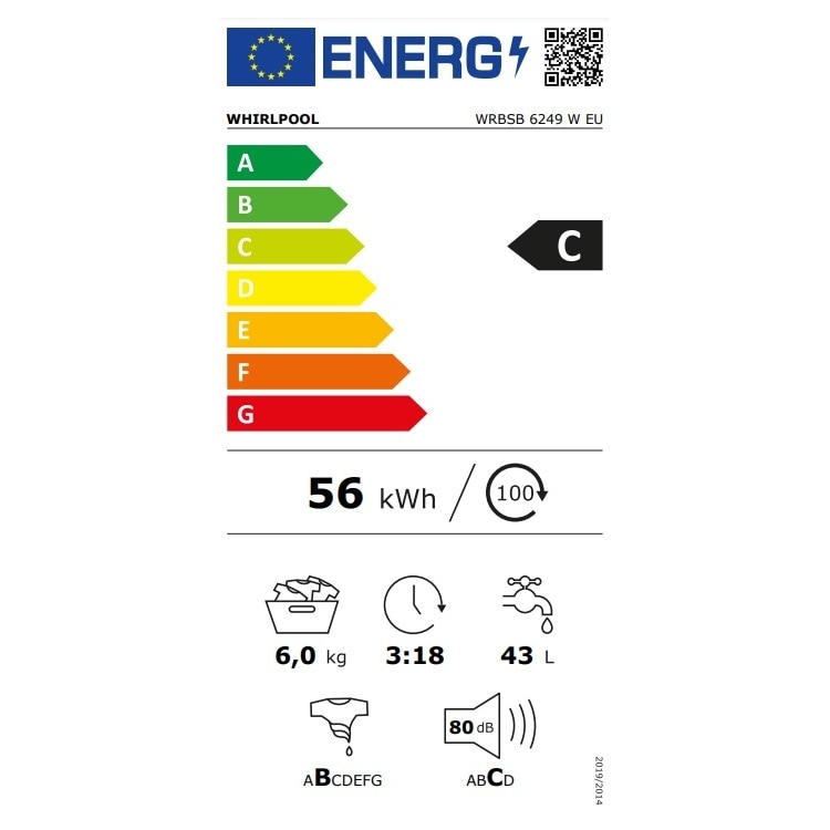 Masina de spalat rufe Whirlpool WRBSB 6249 W EU, 6 kg, Clasa C, 1200 RPM, Alb