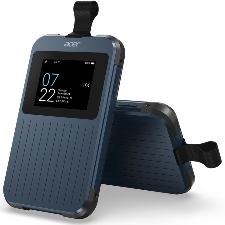 Acer Enduro Connect M3 5G vezeték nélküli router, IP54, MIL-STD-810, mobil Wi-Fi, 5G NR és LTE kettős kapcsolat, 2x2 MIMO, LCD érintőképernyő, akkumulátor 6500 mAh, USB-C 3.0, 20 GB nemzetközi adat