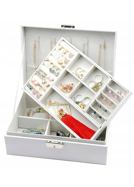 Ékszer tároló, Műanyag/Ökológiai bőr, 23 x 17 x 8,5 cm, Fehér