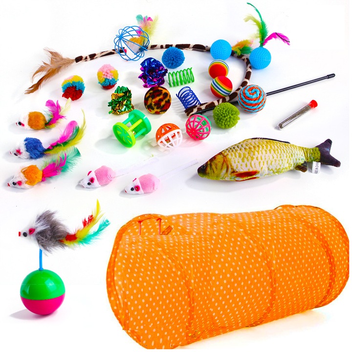 Set de jucarii pentru pisica 28 de elemente plus Tunel Multicolor