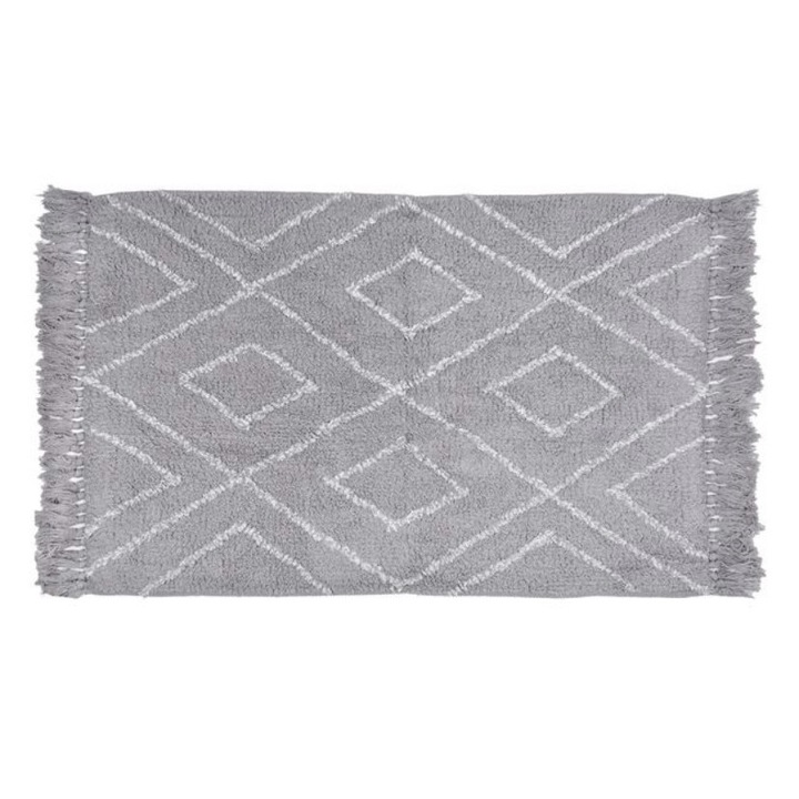 Декоративен килим, памук, сив с ресни и бял ромб, 90 х 60 см