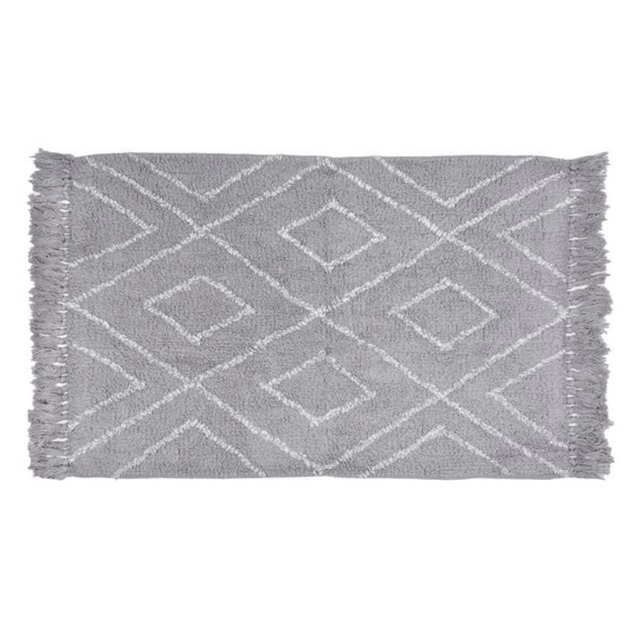 Covor decorativ, bumbac gri cu franjuri si model alb cu romburi, 90x60 cm