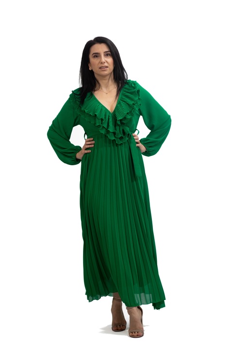 Rochie Lunga, Eleganta Cu Volane, Marime Universala, Verde