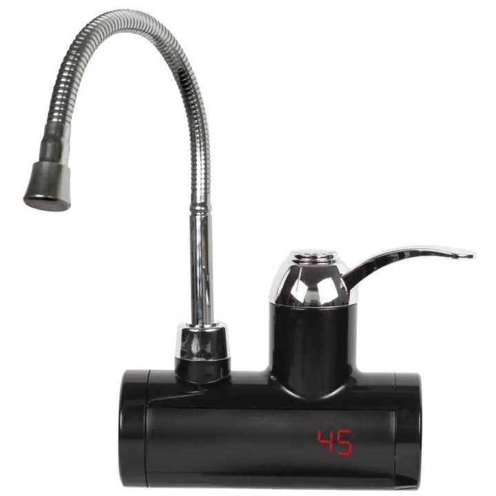 Robinet electric incalzire apa instant Rosberg R57100BF, Pipa flexibila, 3600 W, Afisaj pana la 60°C, Montare perete, Negru