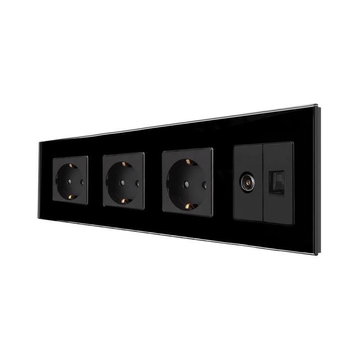 Priza Tripla Schuko, TV si Internet cu Rama Din Sticla LUXION, Negru