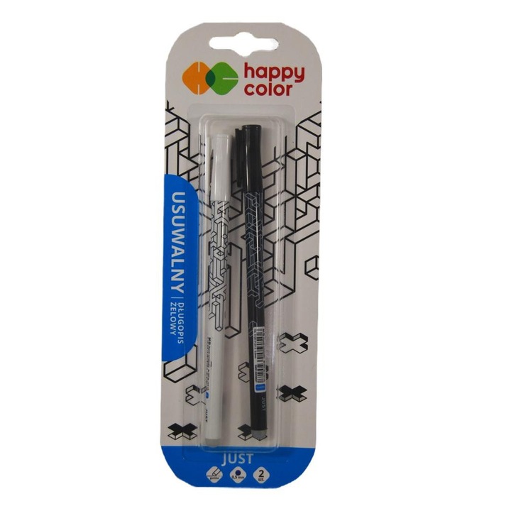 Комплект от 2 химикалки с изтриваемо мастило Happy Color, Синьо мастило, 0,5 mm, Бяло/Черно