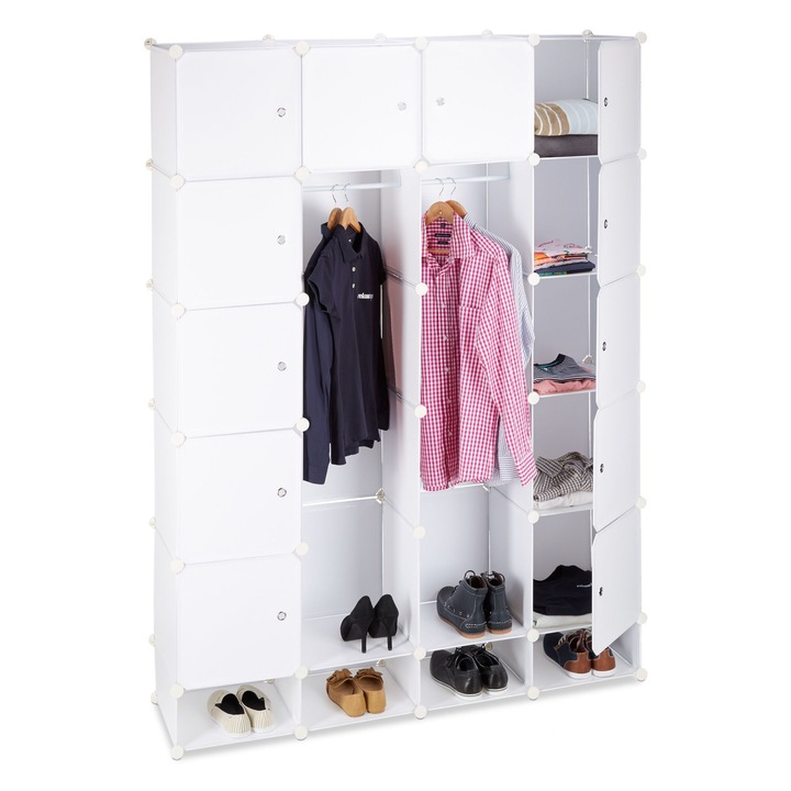 Raft pentru depozitare tip cub cu 18 compartimente, RelaxDays, plastic, alb, 198 x 145 x 36.5 cm