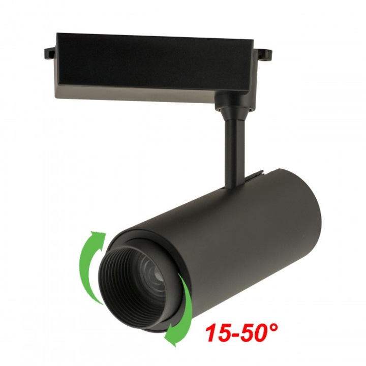 Proiector LED 30W/ora, 3420lm - 50 000 ore, 4000K lumina naturala, directionabil pe sina monofazata, iluminat comercial, focus reglabil 15°-50°, LM-KT-004BK, LED Market®, clasa energetica E