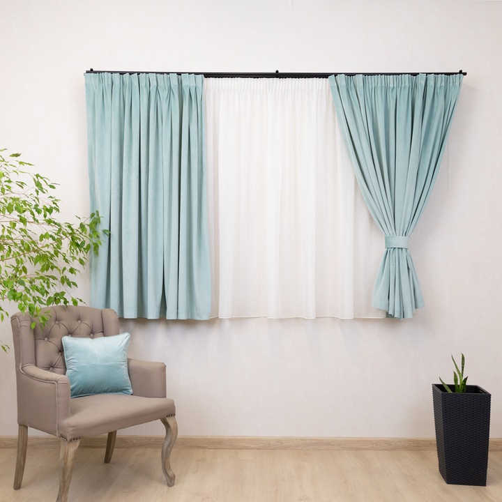 Set 2 draperii scurte cu doua benzi de prindere Hiko Comfy, catifea Ice Blue 140Lx130H cm, draperii elegante, design modern, montaj simplu, potrivite pentru dormitor, living, camera copii, birou sau balcon, cu rejansa Premium creion de 6.5cm