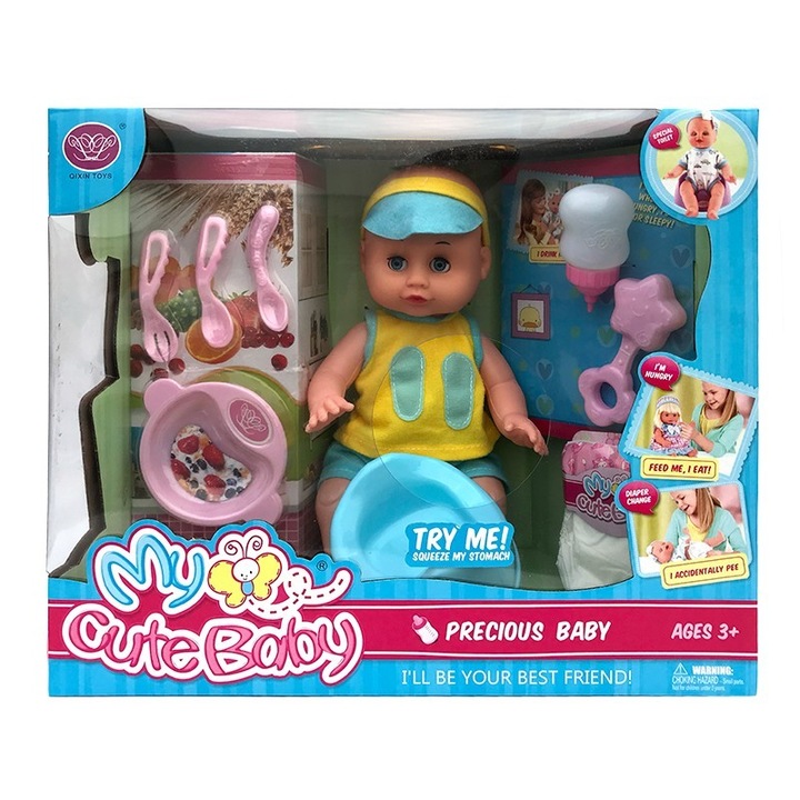 Sárga babakészlet elemmel és tartozékokkal, 36x30 cm