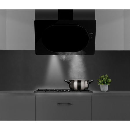 Hota de perete Turbionaire Lisa 85 Wall Black, Motor brushless 800 mc/h, L= 85 cm, Quick Timer, Display digital, Clasa A++, Control tactil, Iluminare LED 4000K, Aspiratie circulara, 3 viteze, Boost, Filtru Aluminiu in 5 straturi