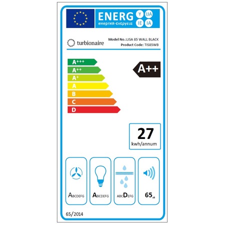 Hota de perete Turbionaire Lisa 85 Wall Black, Motor brushless 800 mc/h, L= 85 cm, Quick Timer, Display digital, Clasa A++, Control tactil, Iluminare LED 4000K, Aspiratie circulara, 3 viteze, Boost, Filtru Aluminiu in 5 straturi