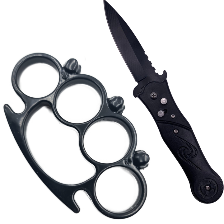 Kit Autoaparare Tactic, Briceag Stealth Deschidere Automata 20 cm, Pumnal Tip Box Model 3 Cranii, Dalimag