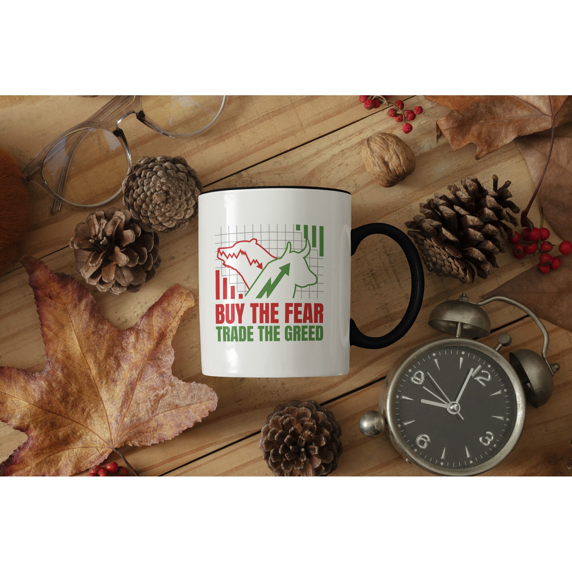 Személyre szabott bögre intelligens befektetőknek, angol nyelvű üzenettel:  Buy the Fear, Trade the Greed, Stock Market, Crypto, Befektetés, Kerámia,  ...