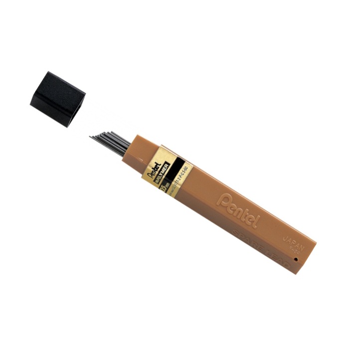 Графит за механични моливи Pentel, Графит/Въглерод, Твърдост 2H, 0.5mm, 12бр., Тъмносив