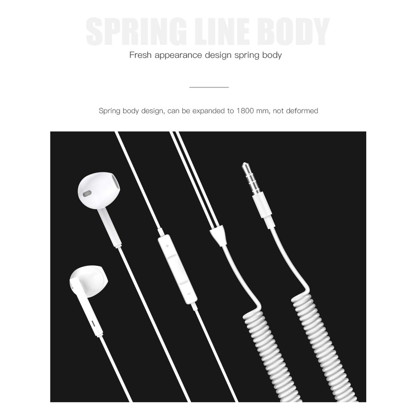 Casti in-ear cu volum control si microfon, fir spiralat de 1.8m, conector jack 3.5mm si HI-FI Sound, White