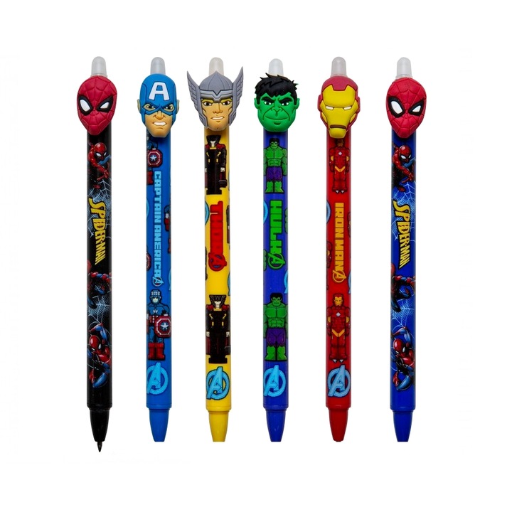 Комплект от 6 изтриваеми химикалки с Marvel Avengers, Colorino Kids, синьо мастило, 0,5 мм, многоцветни