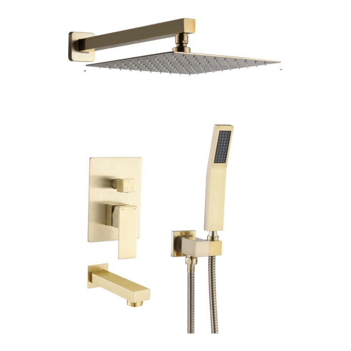 Set de dus cu baterie incastrata cu 3 functii, culoare auriu periat, para de dus 30 cm, Top Ceramic 80118BG