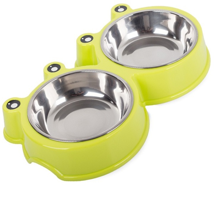 Bol dublu verde pentru caini si pisici, cu boluri din inox de 300 ml