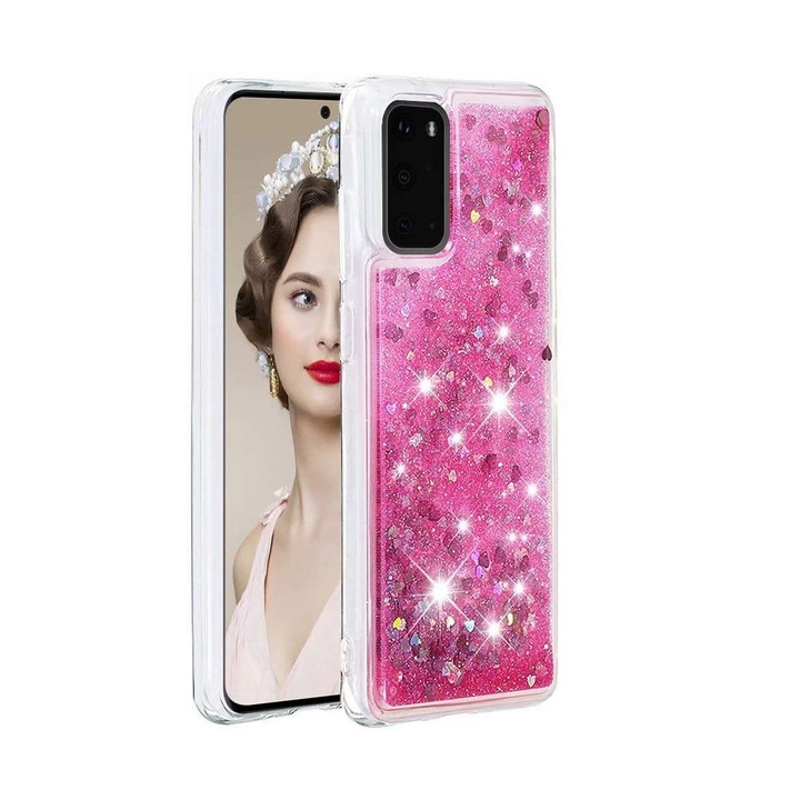 Husa compatibila cu Samsung Galaxy S20, cu Apa si Sclipici, Lichid si Glitter, Fashion, protectie camera, Roz, PlanetPhone