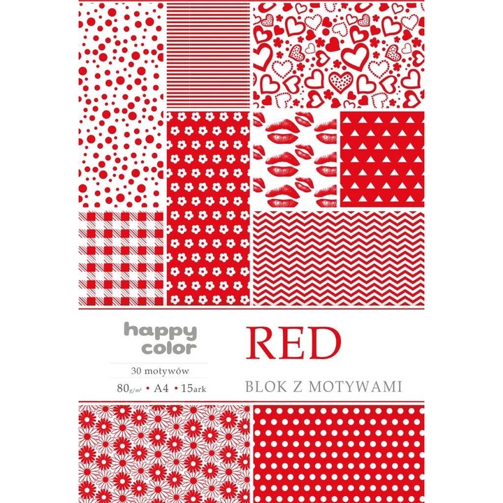 Set 15 file hartie decorativa, Happy Color, A4, 80 g/m2, Rosu
