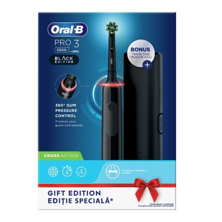 Oral-B Elektromos fogkefe, Pro 3 3500 Cross Action, 3D tisztítás, 3 program, 2 fej mellékelve, utazókészlet, fekete