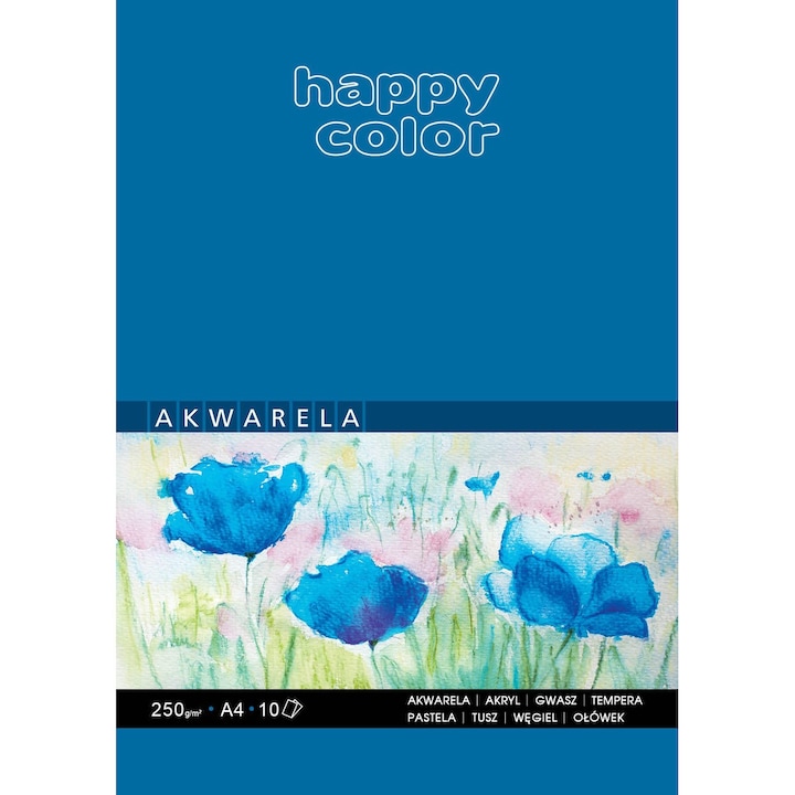 Блок за рисуване акварел, Happy Color, A4, 250 g/m2, 10 листа, Бял