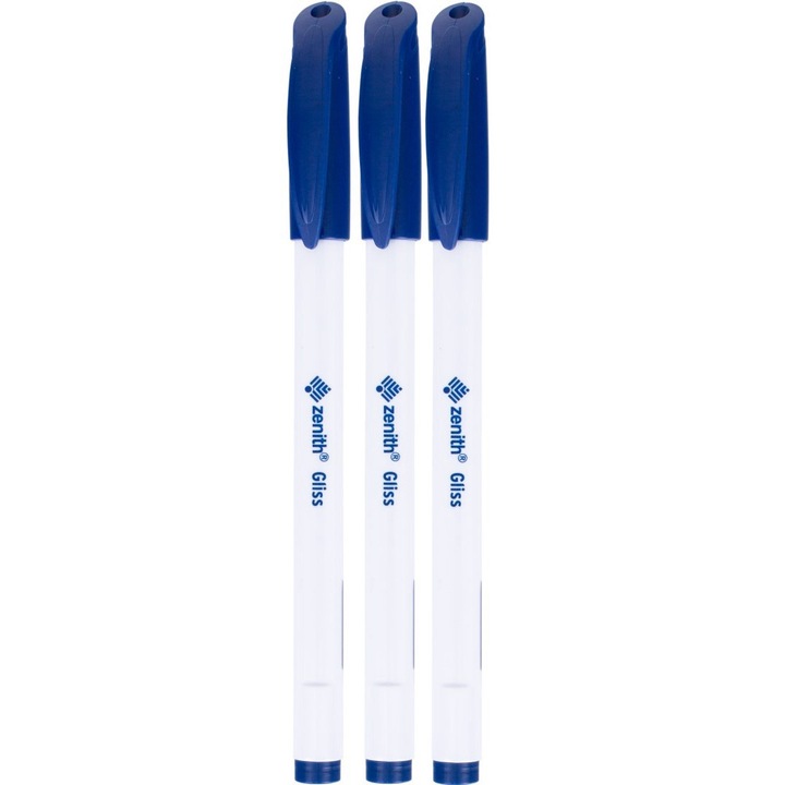 Комплект от 3 химикалки със синьо мастило, Zenith, 0,5 мм, синьо/бяло